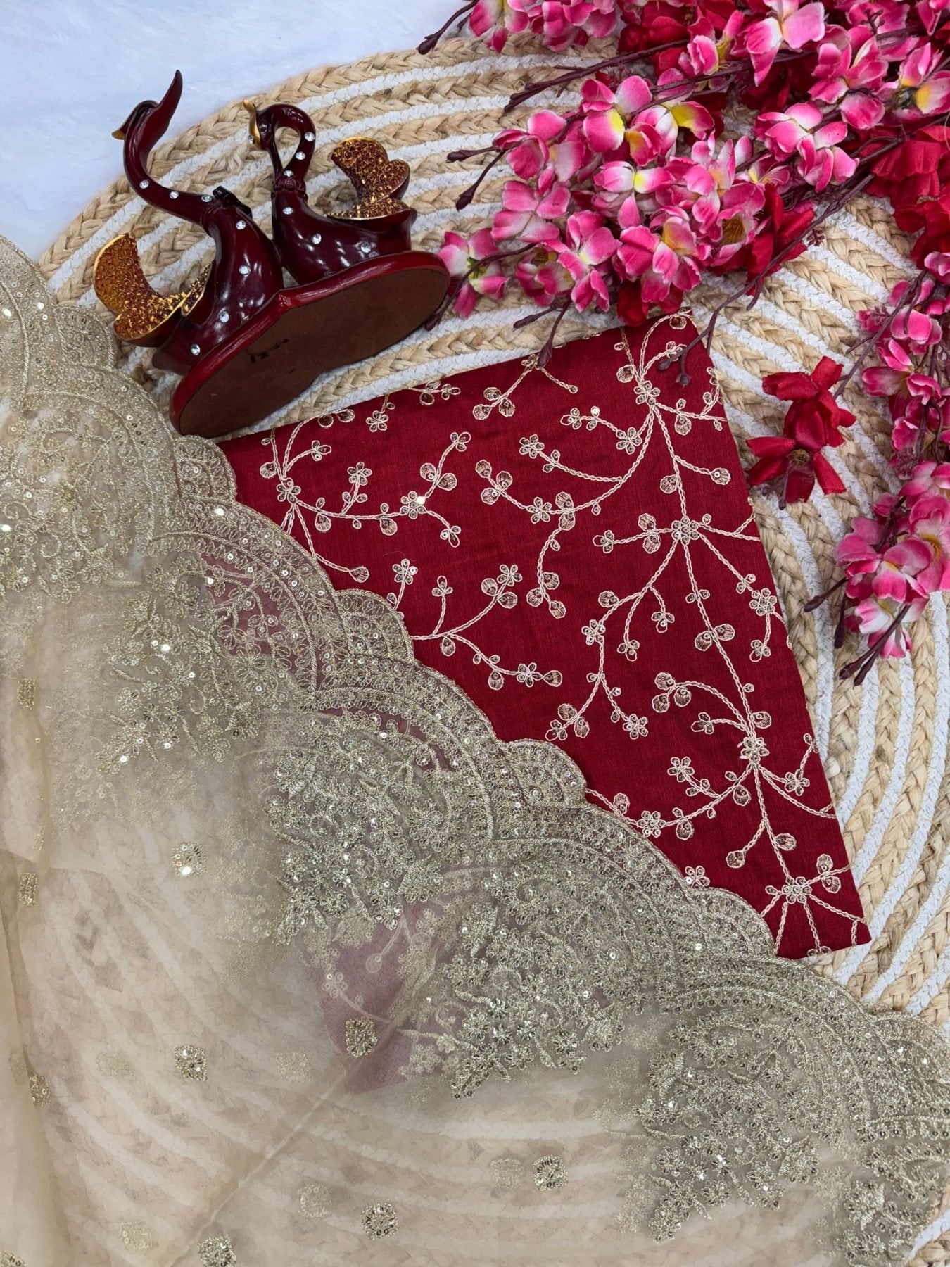 Gold Organza Saree with Sequins Red Corset Blouse for Grand Celebrations