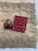 Gold Organza Saree with Sequins Red Corset Blouse for Grand Celebrations