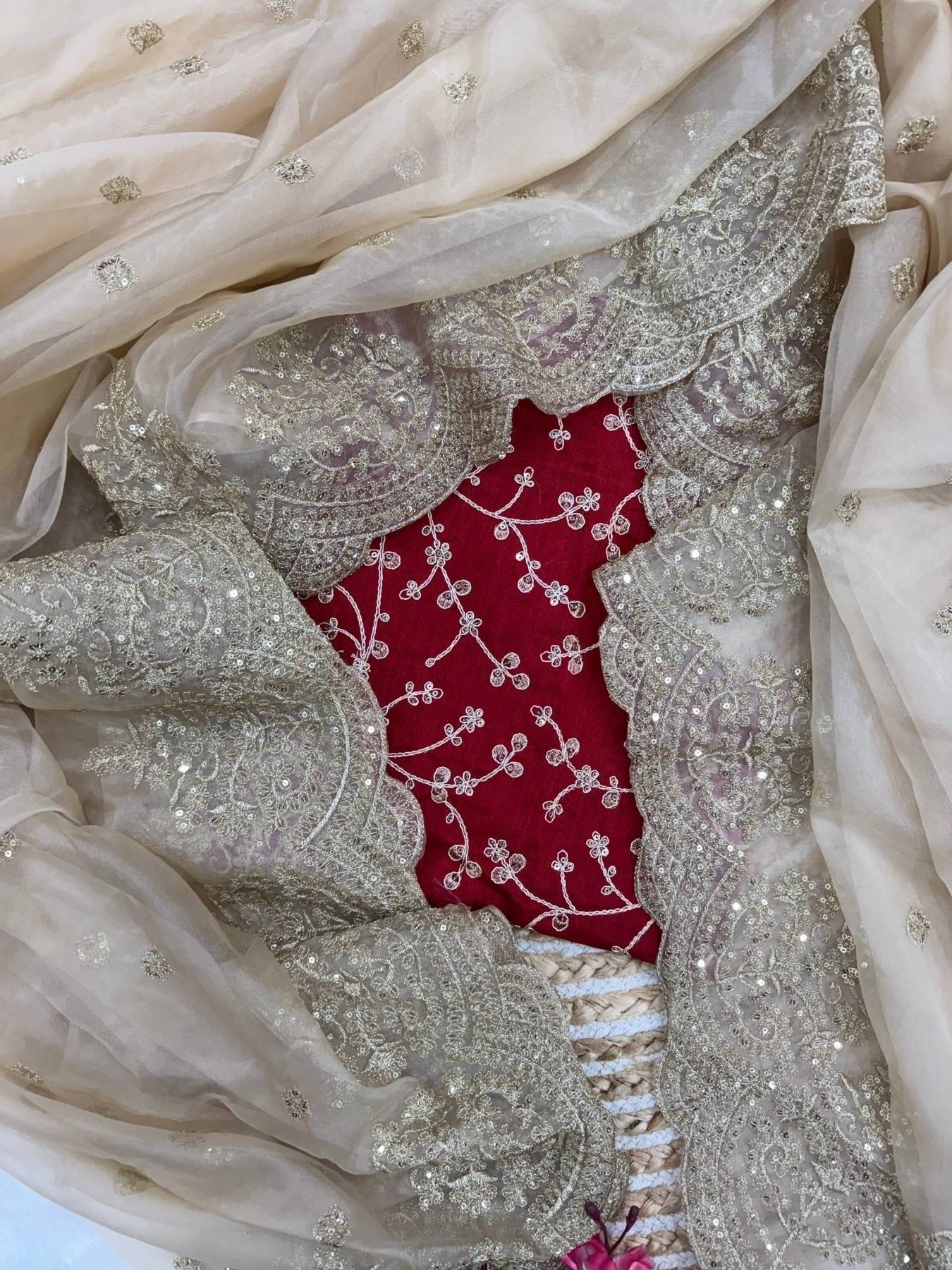 Gold Organza Saree with Sequins Red Corset Blouse for Grand Celebrations