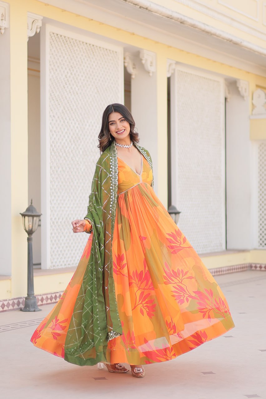 Luxurious Digital Print Alia Cut Orange Gown with Embroidered Dupatta Set