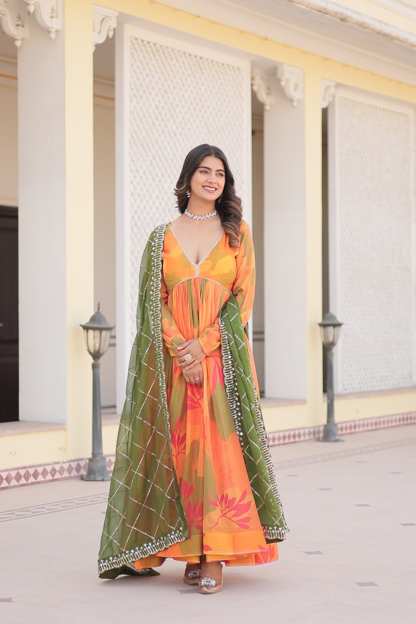Luxurious Digital Print Alia Cut Orange Gown with Embroidered Dupatta Set
