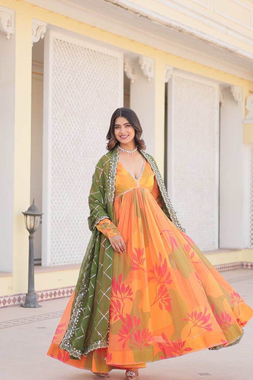 Luxurious Digital Print Alia Cut Orange Gown with Embroidered Dupatta Set