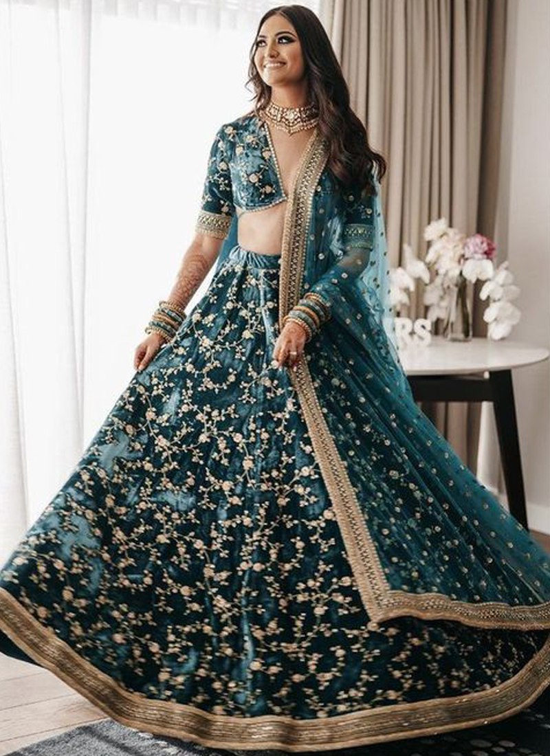 Luxurious Velvet Green Lehenga Choli Set with Exquisite Cording & Sequence Embroidery