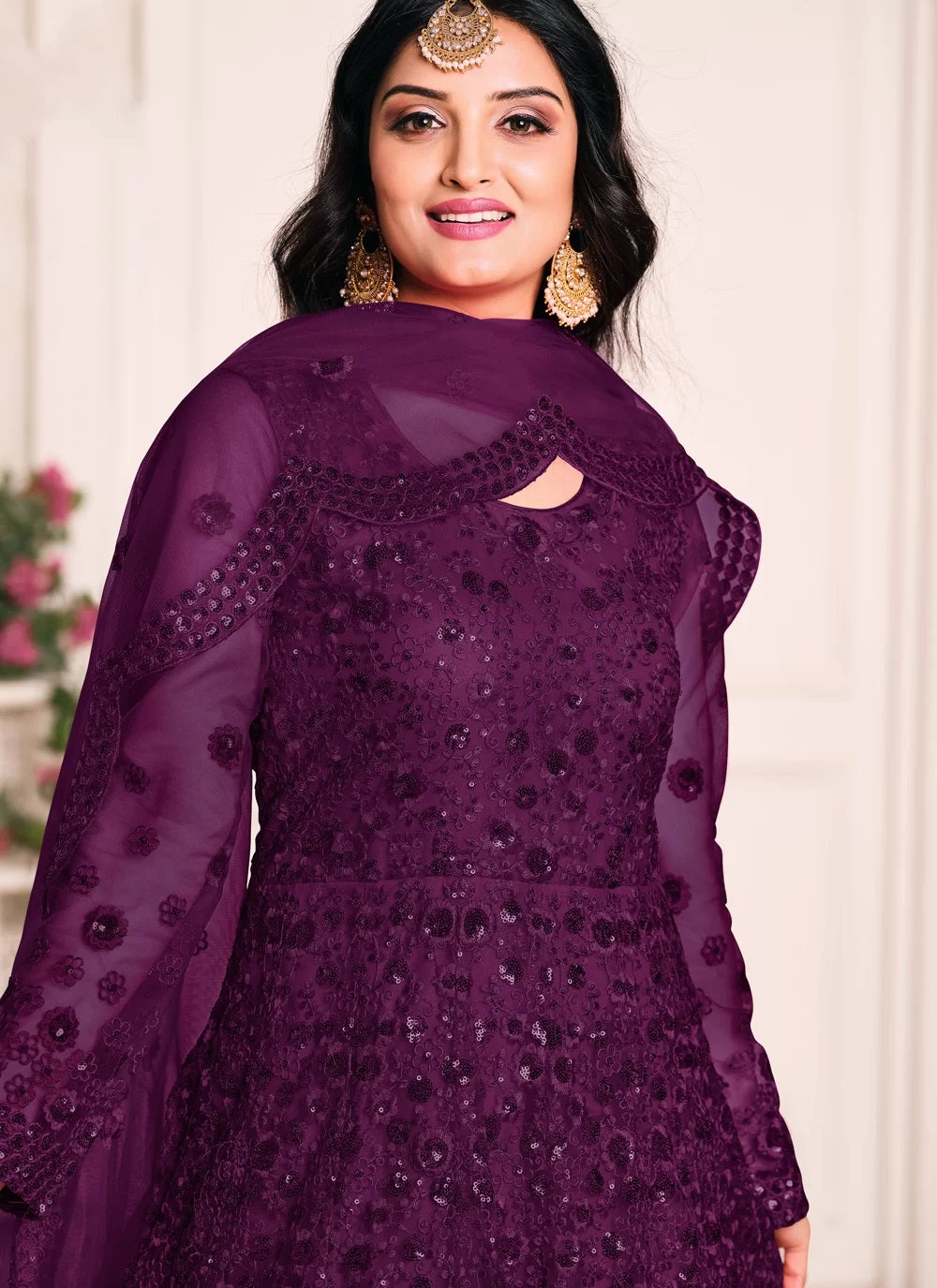 Magenta net embroidered anarkali suit