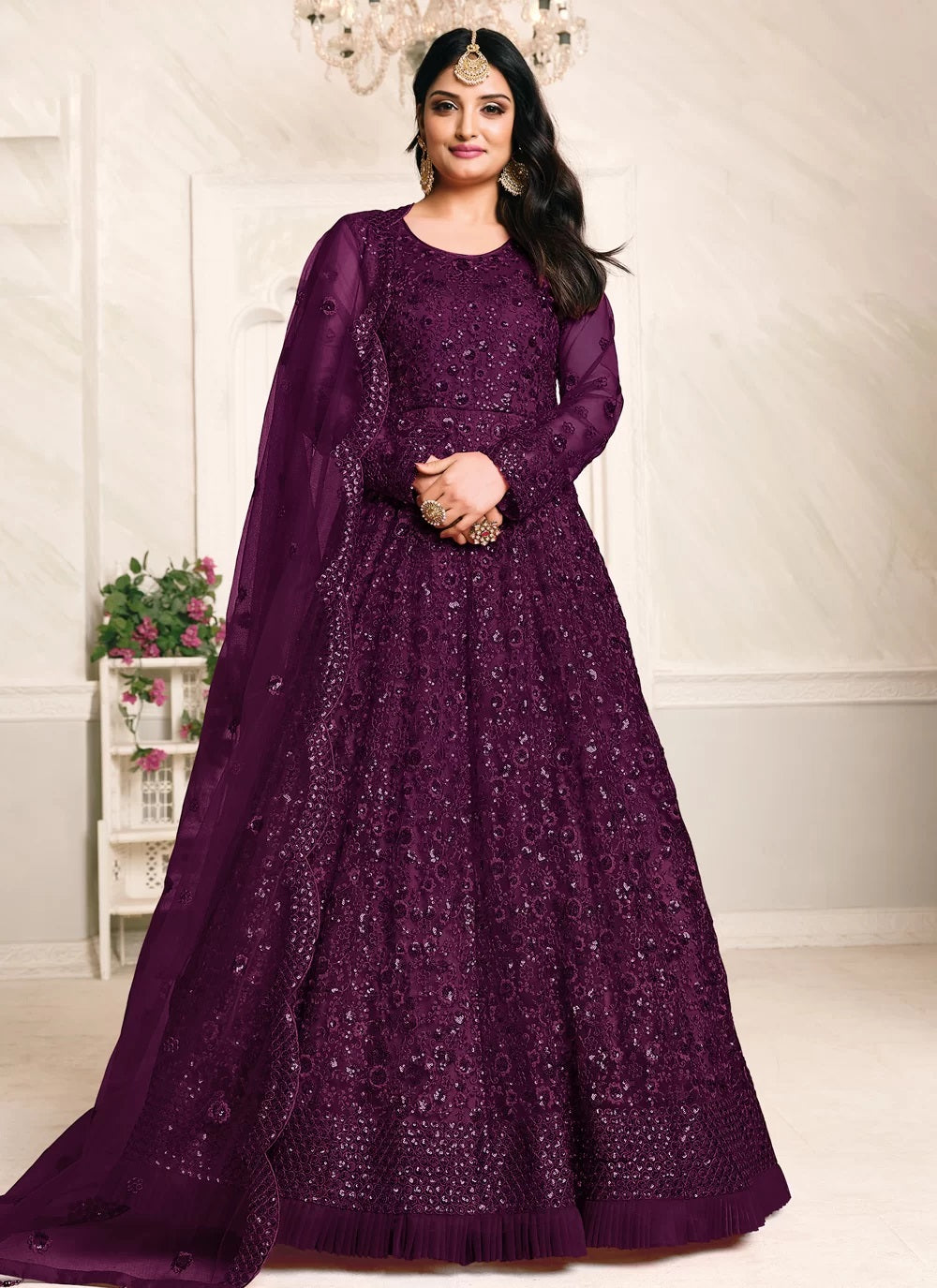 Magenta net embroidered anarkali suit