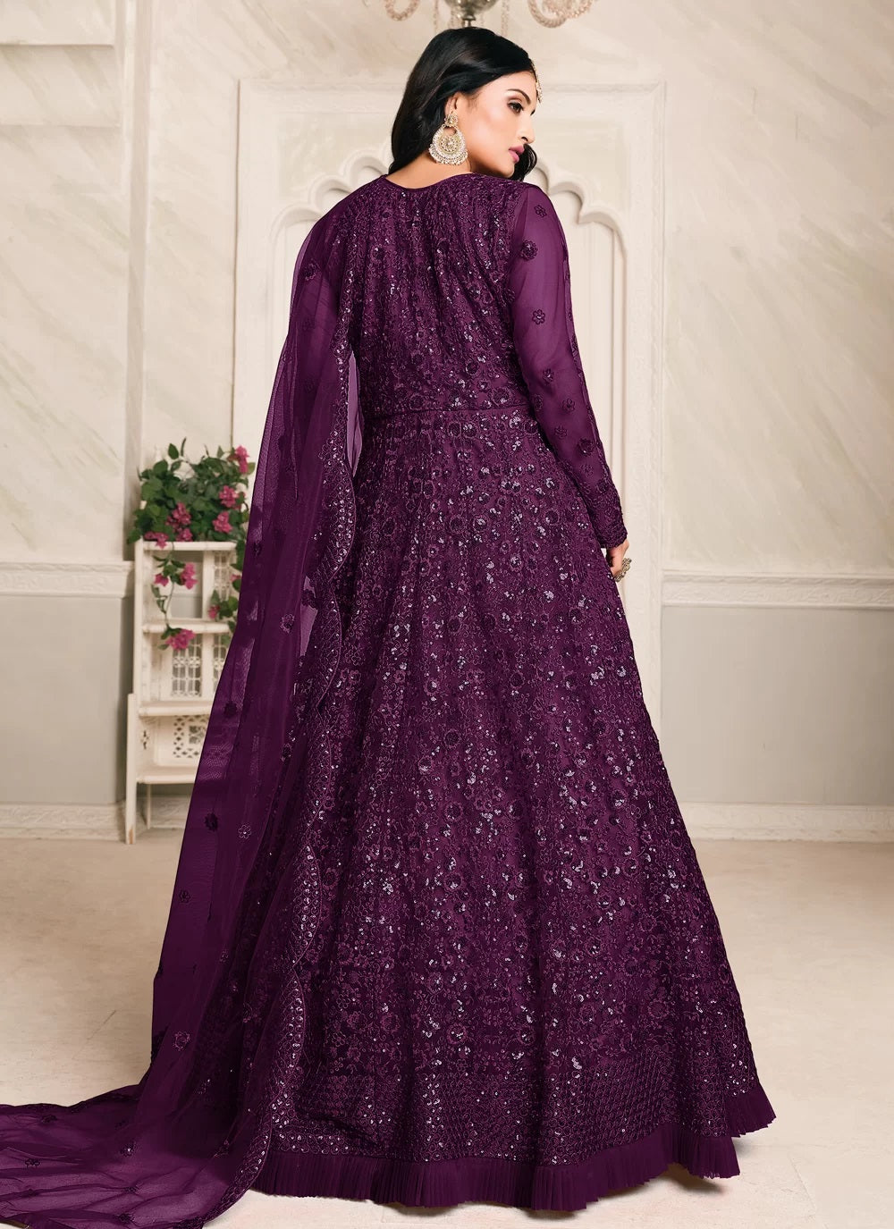 Magenta net embroidered anarkali suit