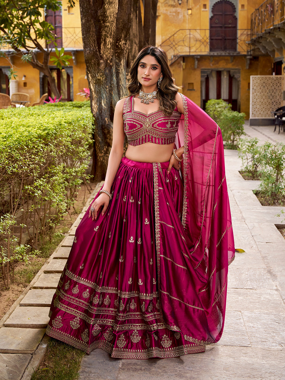 Magenta pink rangoli lehenga choli with sequins thread embroidery dupatta