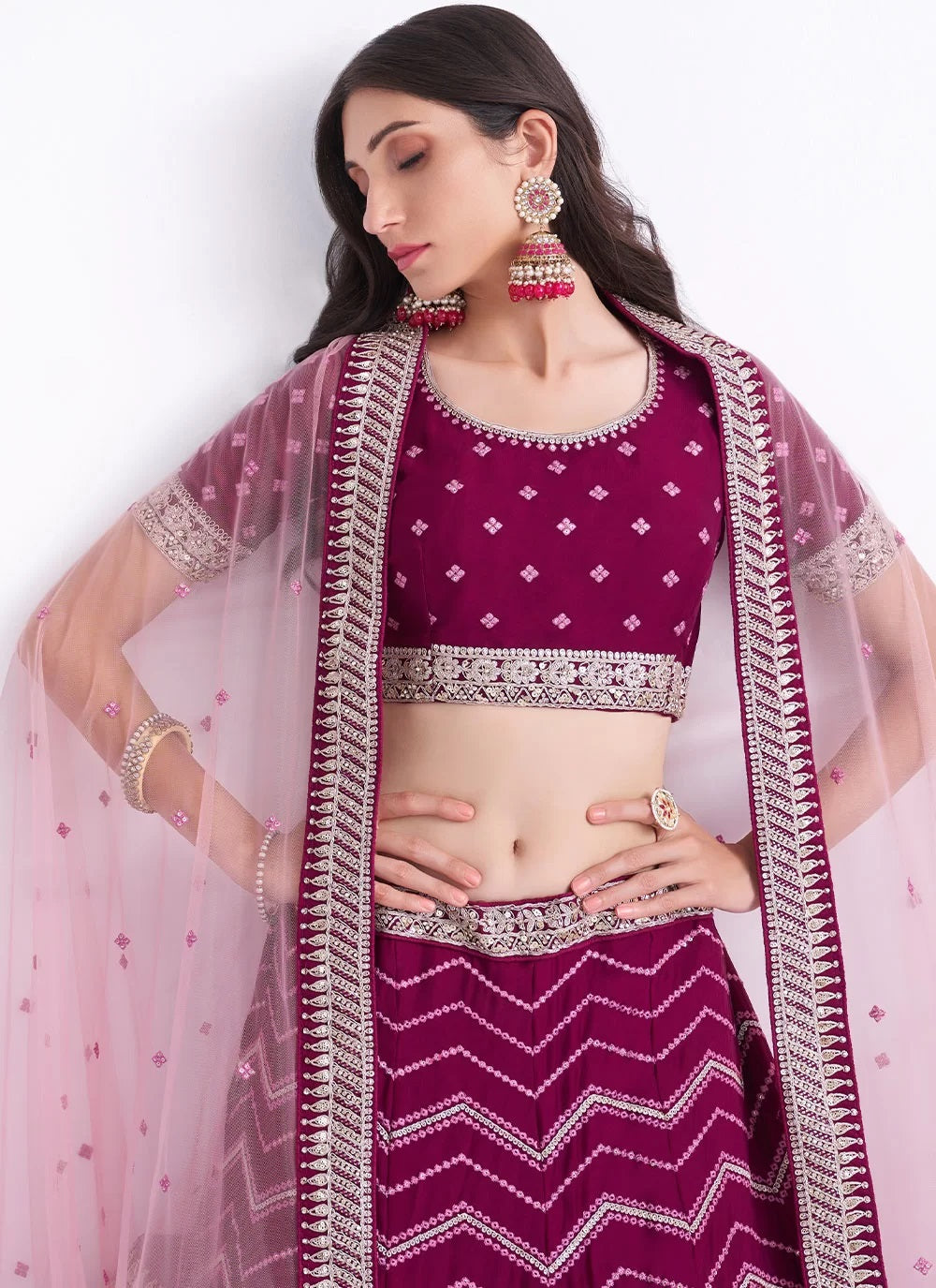Magenta silky georgette sequins embroidered and zarkan work lehenga