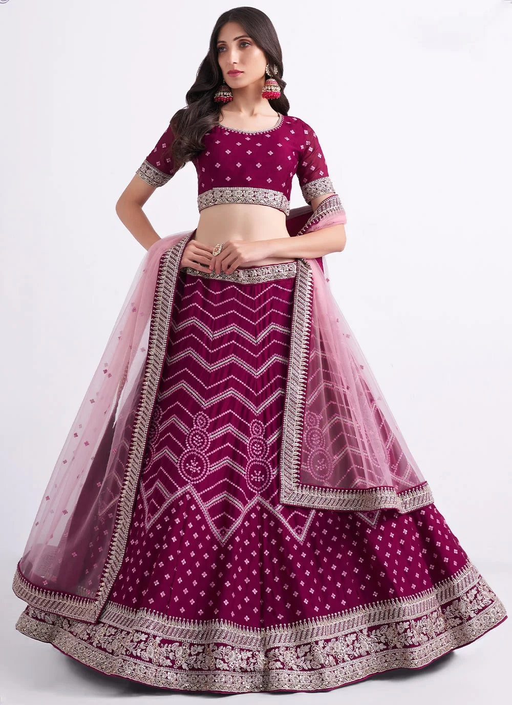 Magenta silky georgette sequins embroidered and zarkan work lehenga