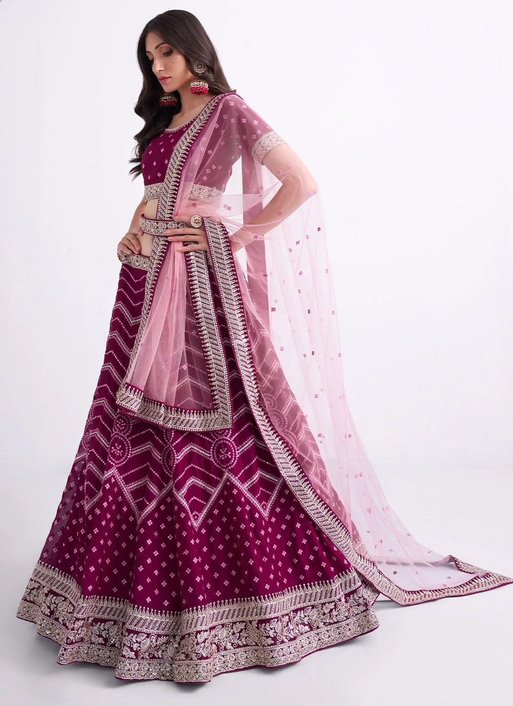 Magenta silky georgette sequins embroidered and zarkan work lehenga