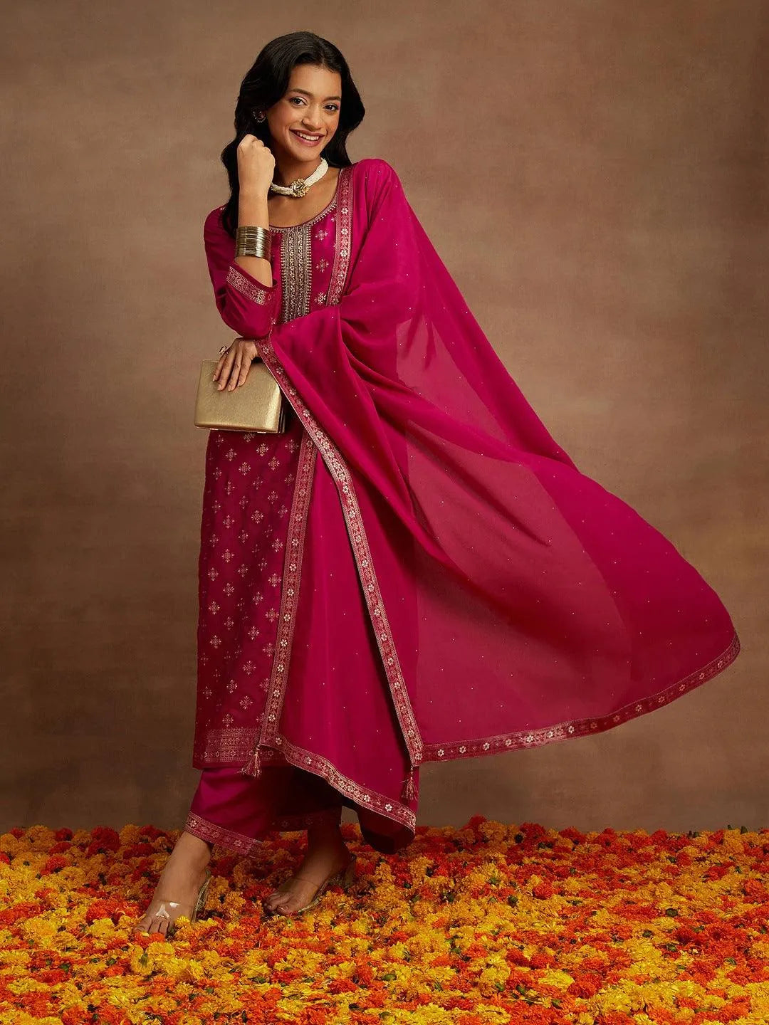 Libas Magenta Woven Design Silk Blend Straight Suit With Dupatta