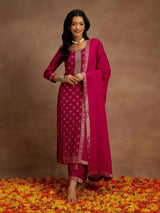 Libas Magenta Woven Design Silk Blend Straight Suit With Dupatta
