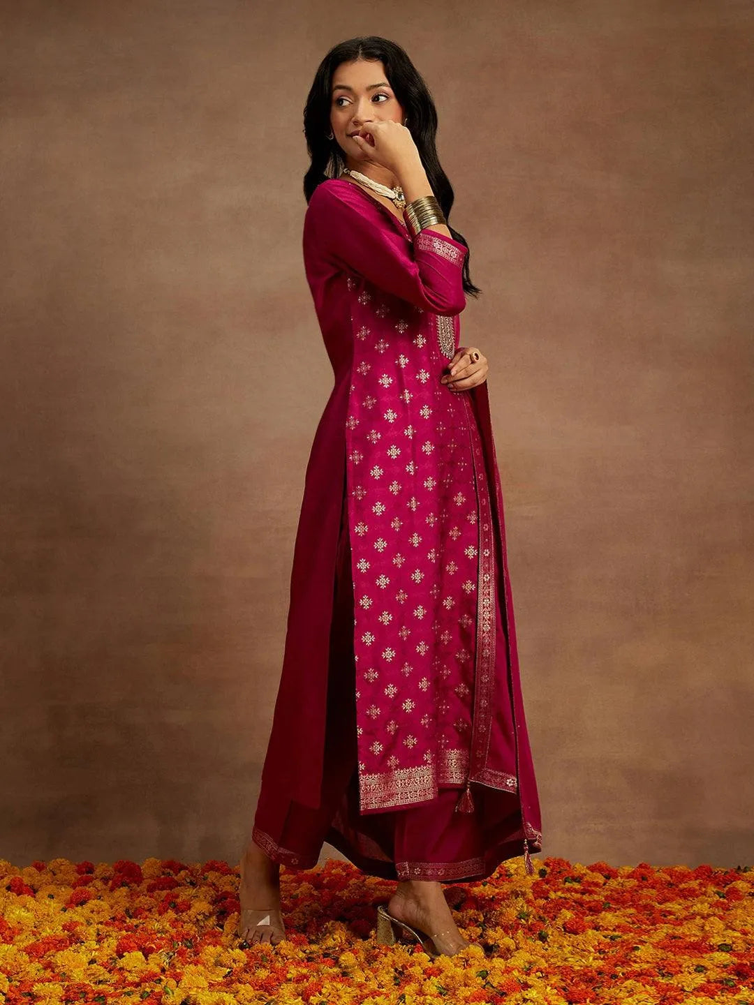 Libas Magenta Woven Design Silk Blend Straight Suit With Dupatta