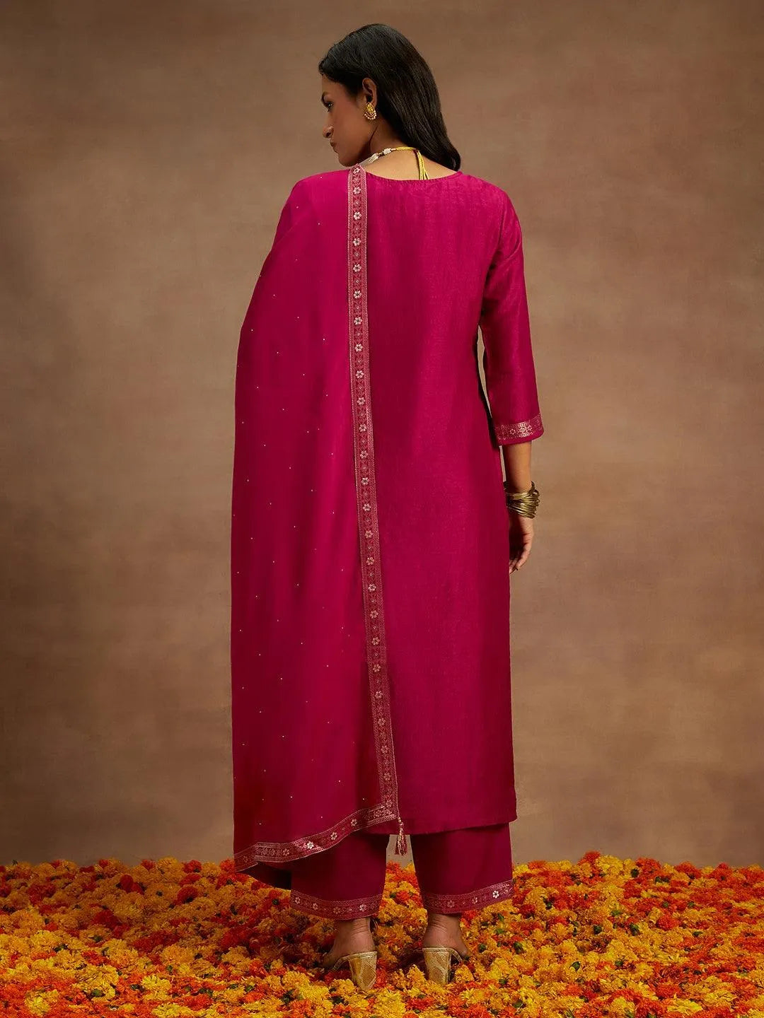 Libas Magenta Woven Design Silk Blend Straight Suit With Dupatta