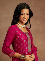 Libas Magenta Woven Design Silk Blend Straight Suit With Dupatta