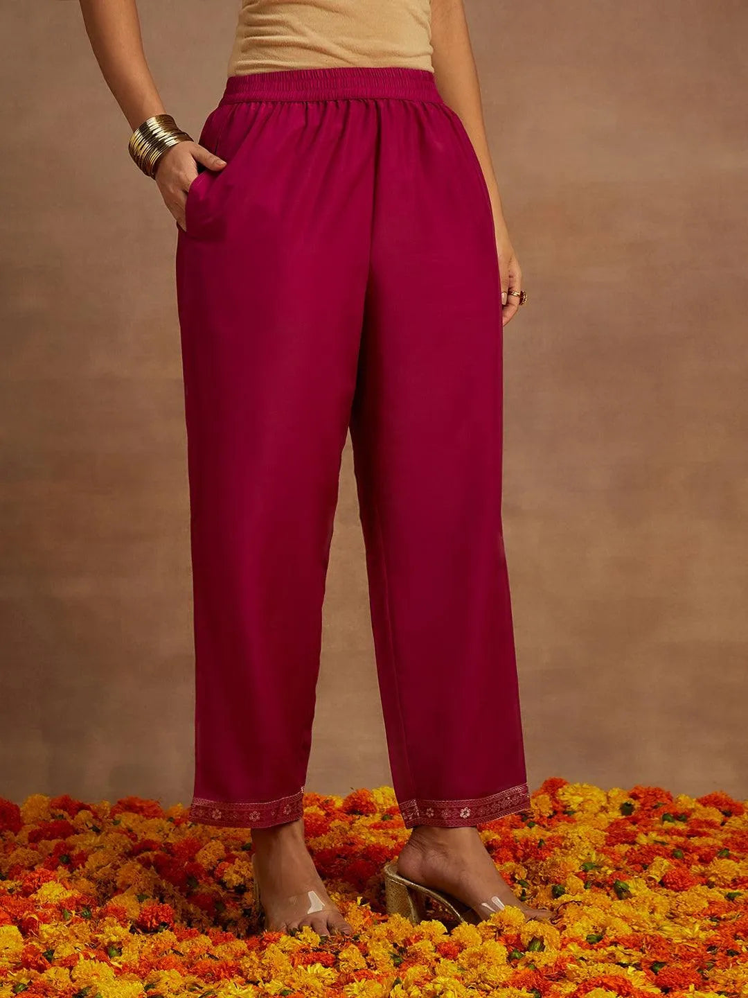 Libas Magenta Woven Design Silk Blend Straight Suit With Dupatta