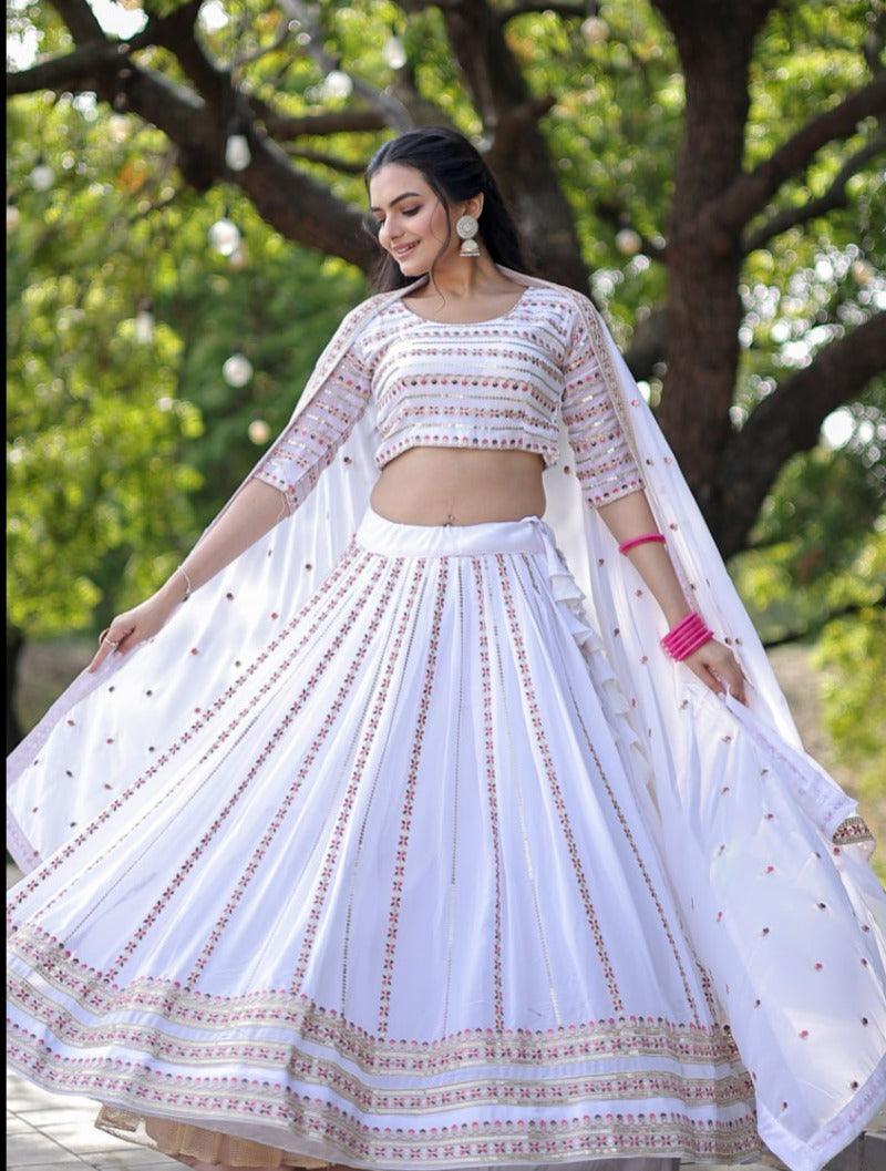 Magnetic White Faux Georgette Coding Embroidered Lehenga Set