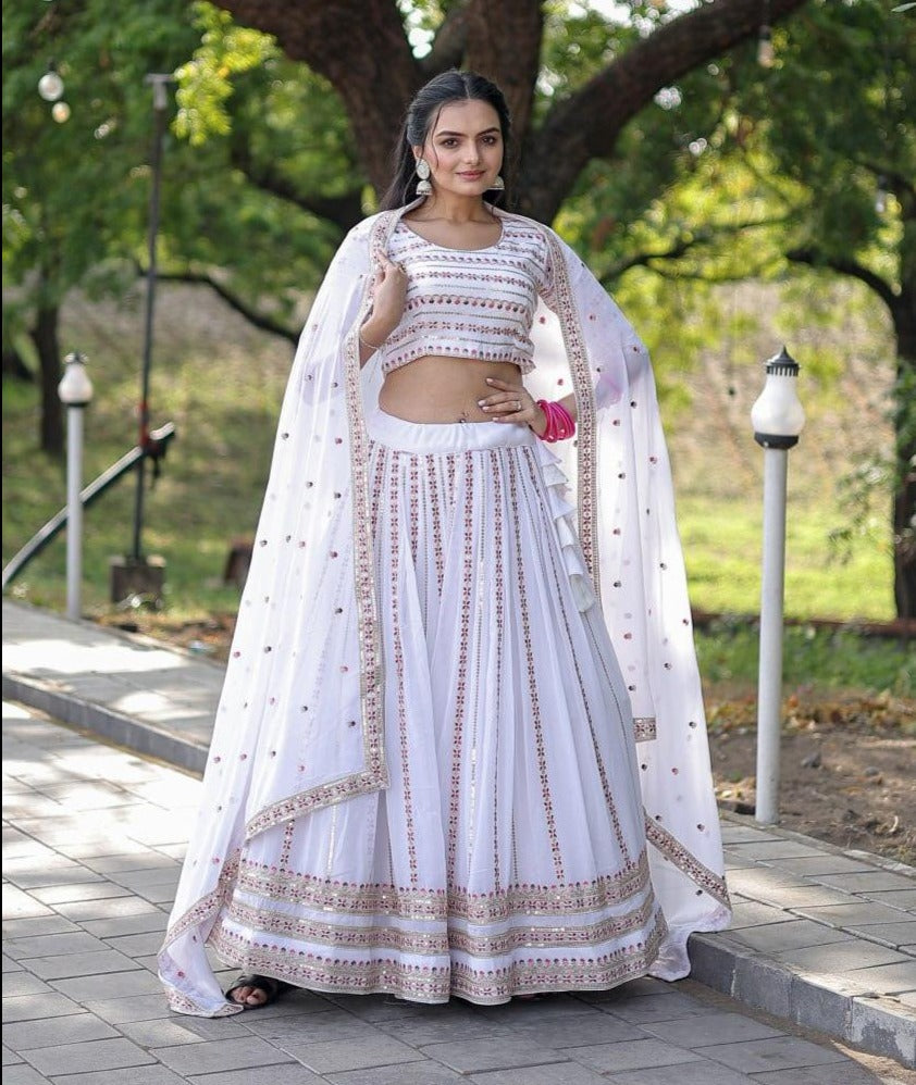 Magnetic White Faux Georgette Coding Embroidered Lehenga Set