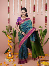 Green Maharashtra Style Soft Silk Saree with Dual Zari Motifs and Border