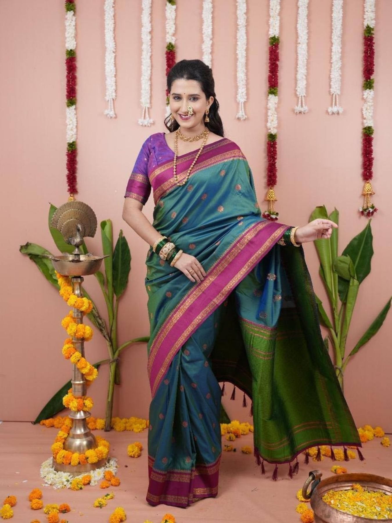 Green Maharashtra Style Soft Silk Saree with Dual Zari Motifs and Border