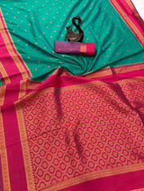 Green Maharashtra Style Soft Silk Saree with Dual Zari Motifs and Border
