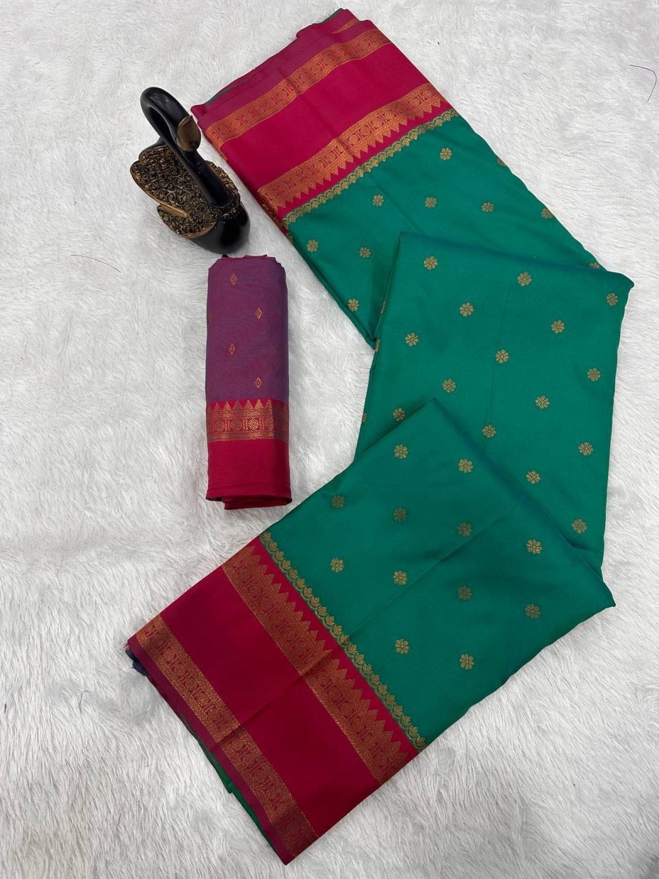 Green Maharashtra Style Soft Silk Saree with Dual Zari Motifs and Border