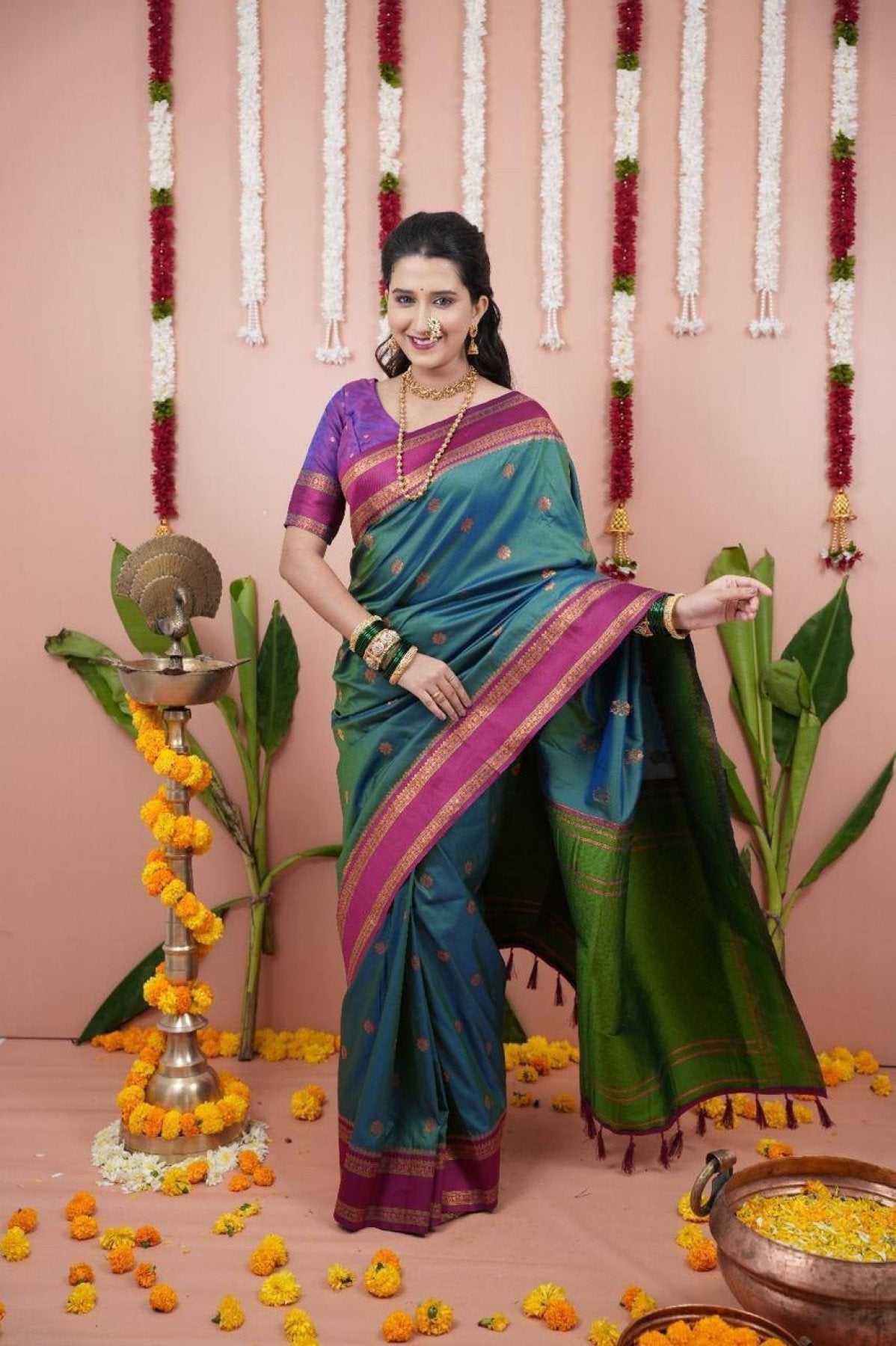 Green Maharashtra Style Soft Silk Saree with Dual Zari Motifs and Border