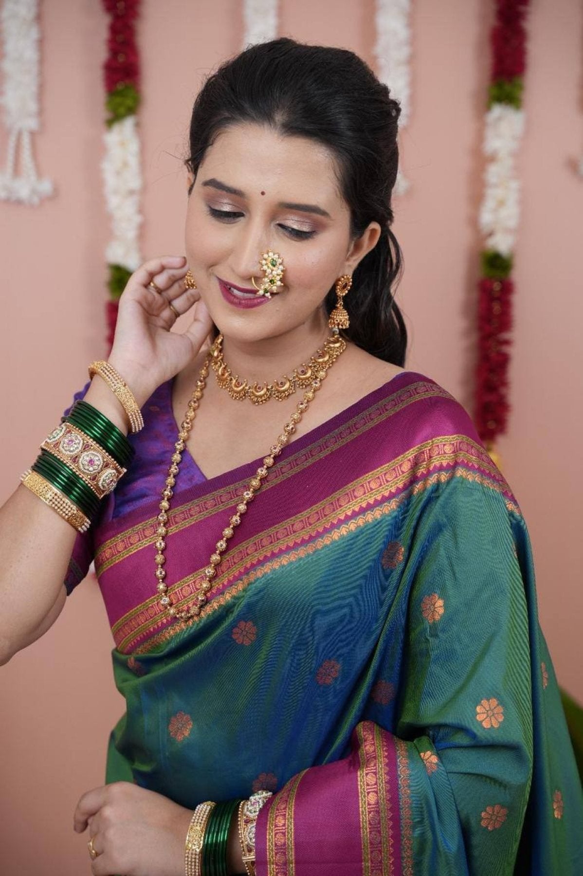 Green Maharashtra Style Soft Silk Saree with Dual Zari Motifs and Border