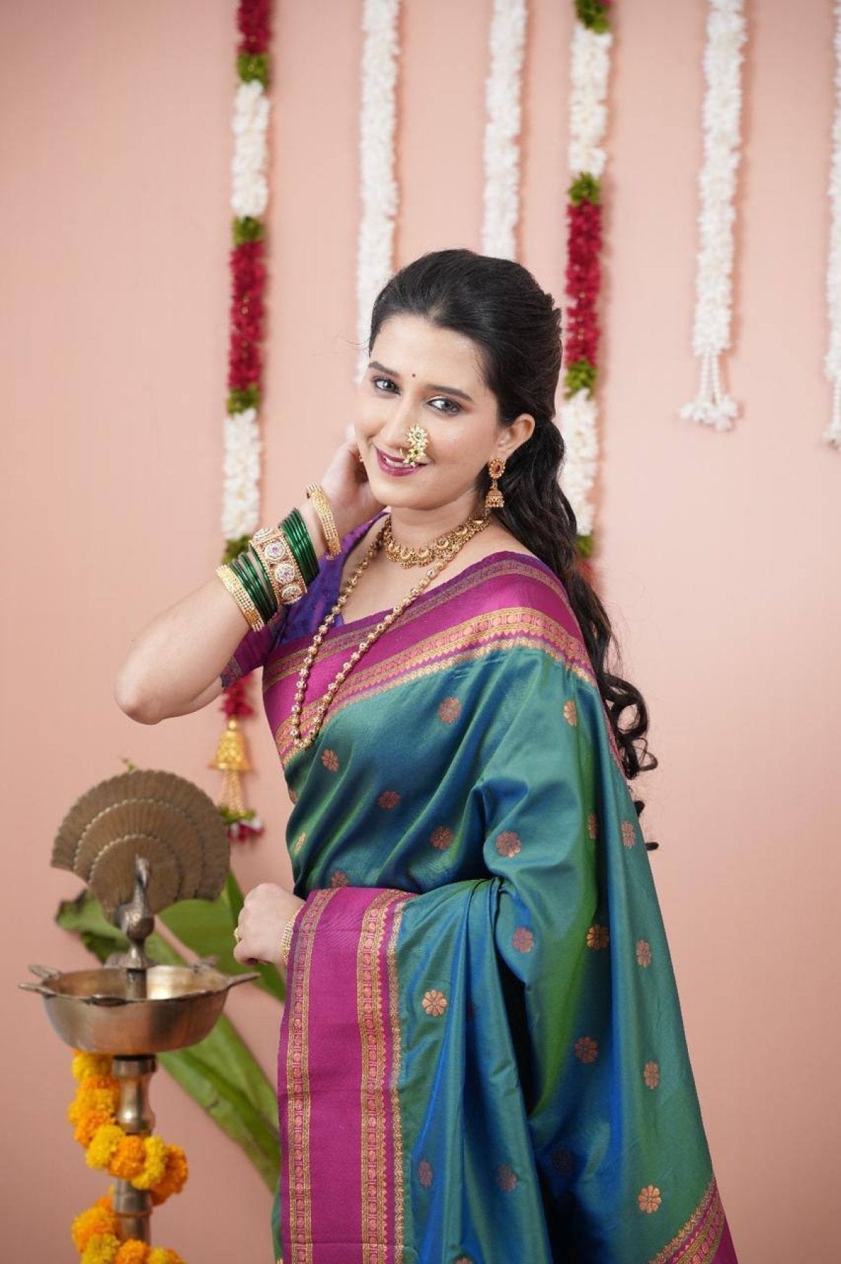 Green Maharashtra Style Soft Silk Saree with Dual Zari Motifs and Border