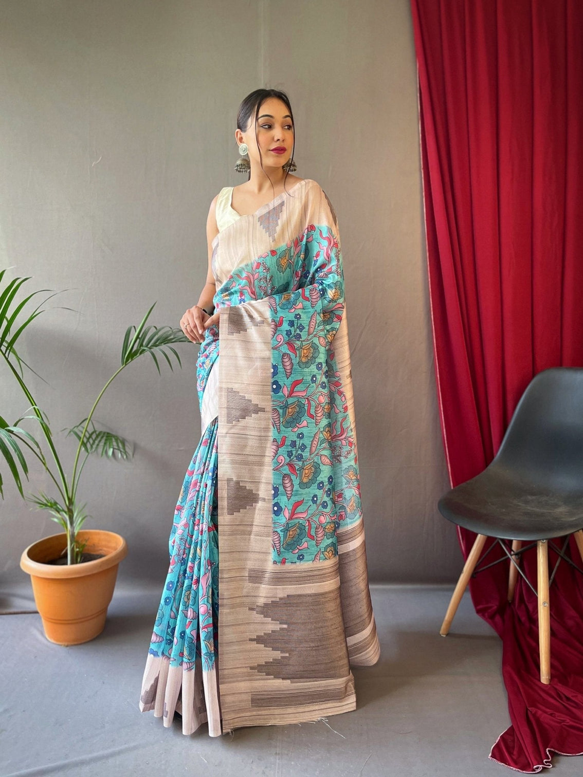 Blue Saree in Cotton Kalamkari Print