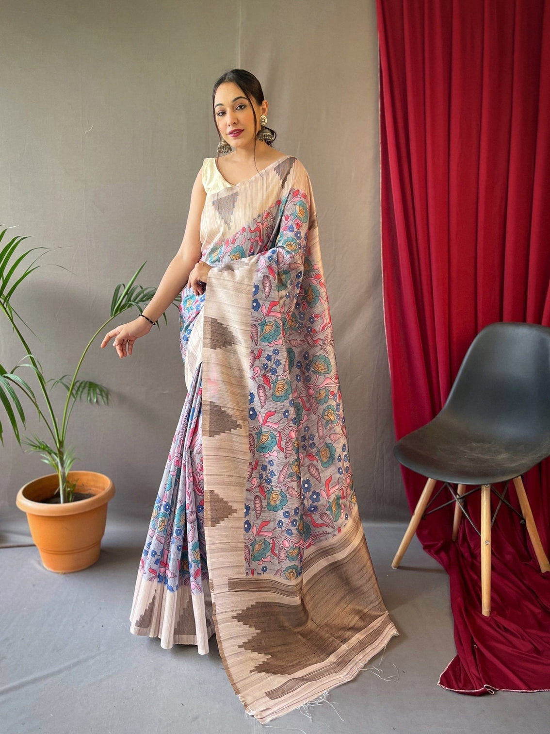 Grey Saree in Cotton Kalamkari Print