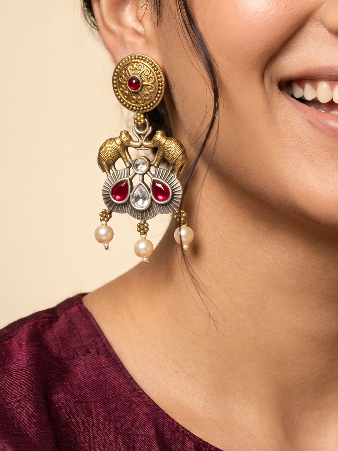 Mameraa Antique Gold Elephant Motif Pearl Drop Earrings