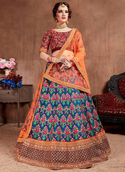 Majestic Blue Silk Base Embroidered Flared Trendy Lehenga Choli