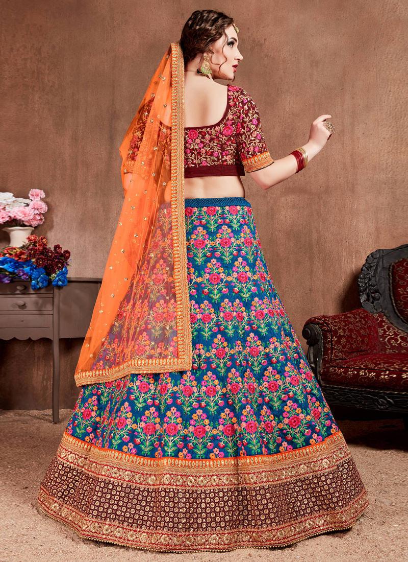 Majestic Blue Silk Base Embroidered Flared Trendy Lehenga Choli