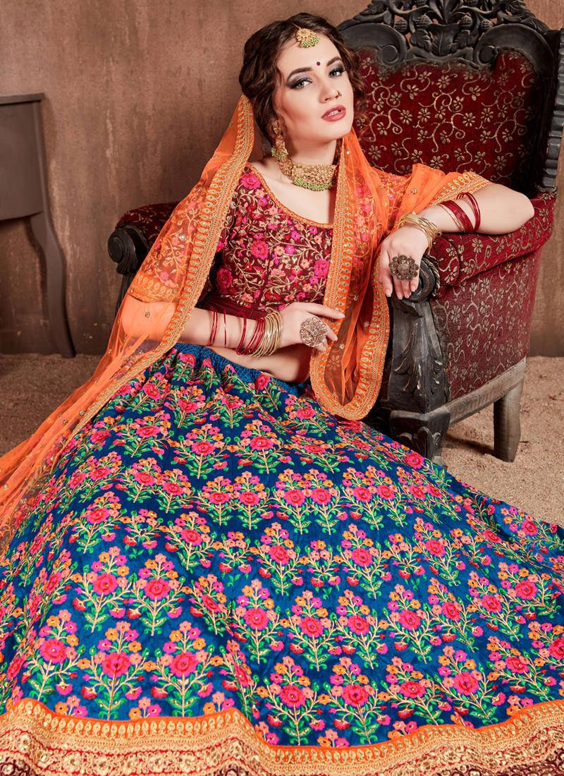 Majestic Blue Silk Base Embroidered Flared Trendy Lehenga Choli