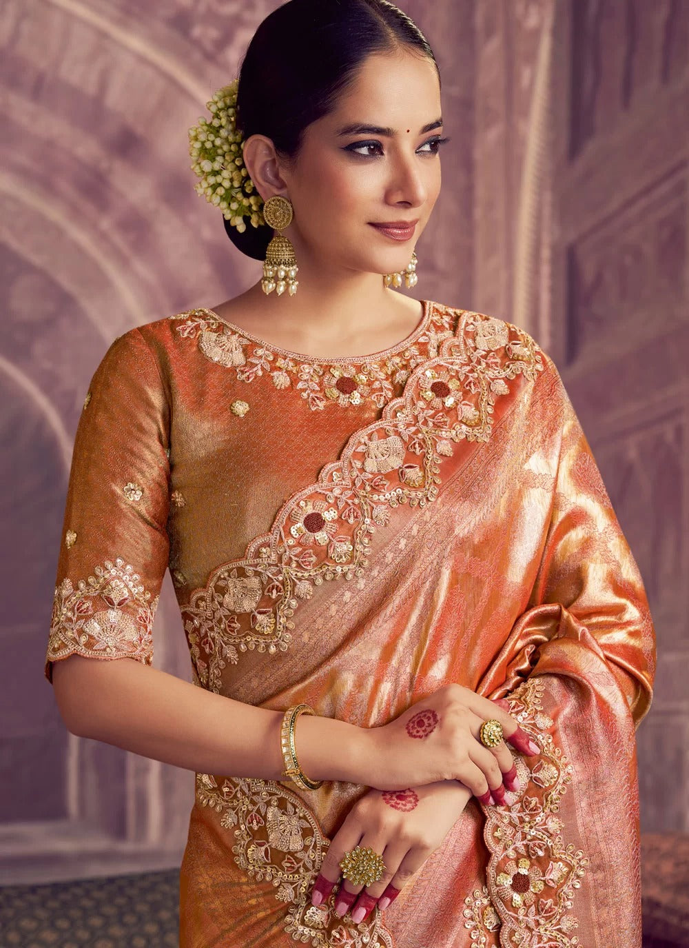 Majestic rust red kanjivaram pure zari silk wedding saree with beads sequence