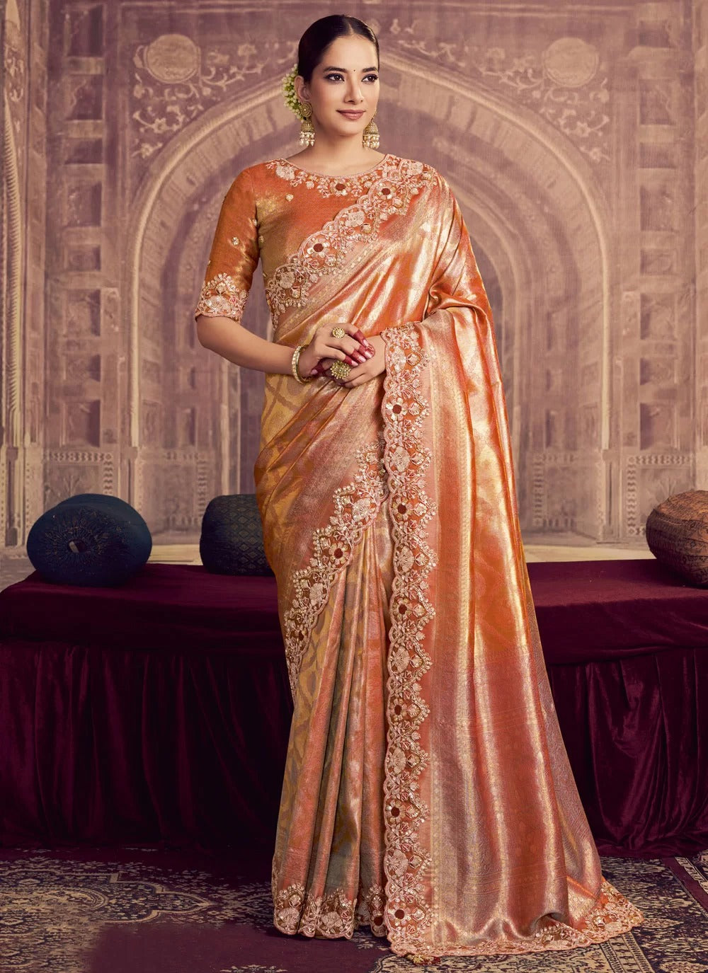 Majestic rust red kanjivaram pure zari silk wedding saree with beads sequence