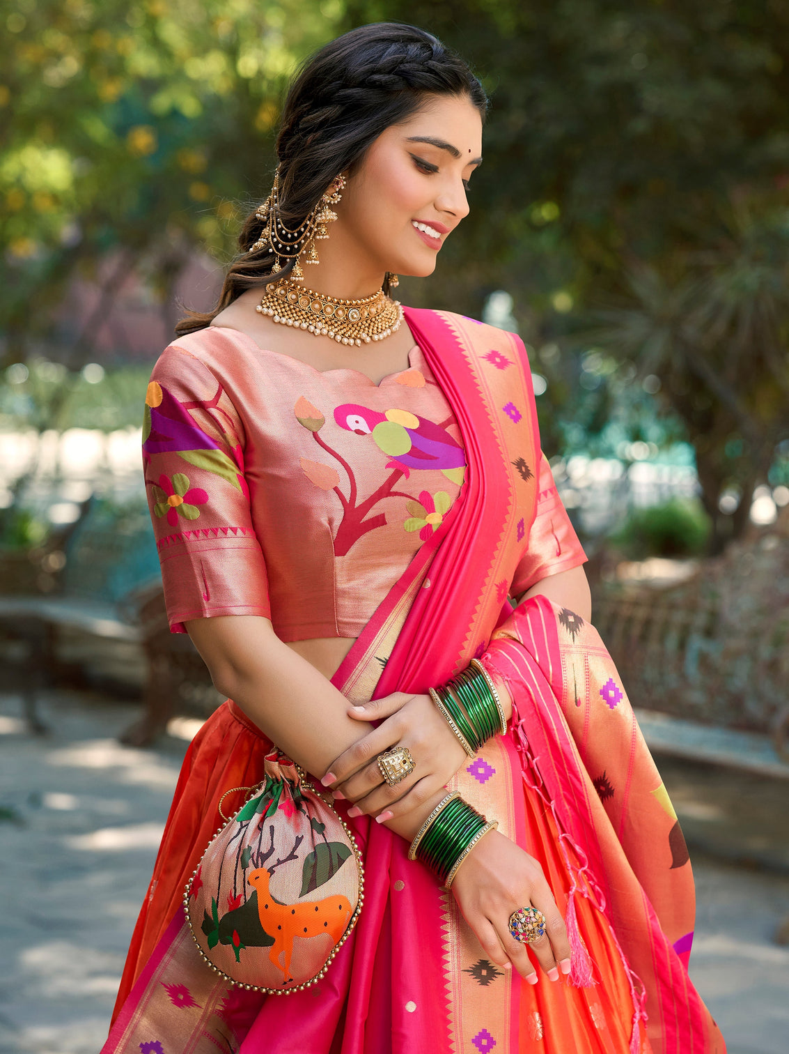 Orange color weaving zari work jacquard silk lehenga choli