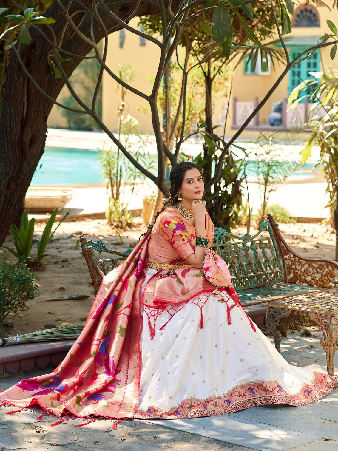 White color weaving zari work jacquard silk lehenga choli