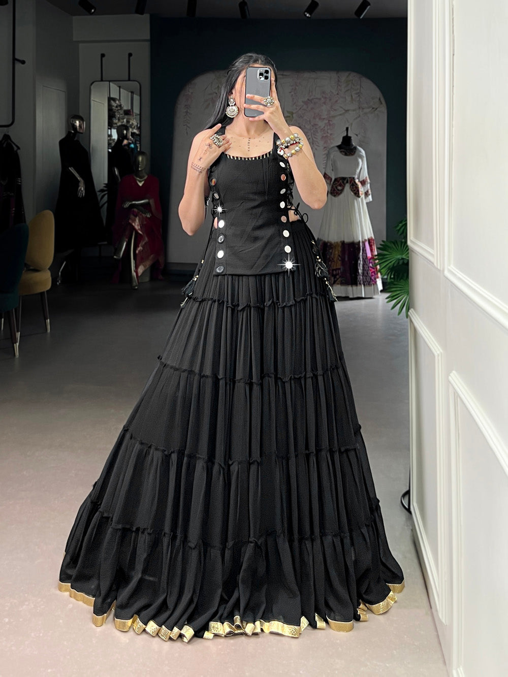 Black color embossed design lace border marbel chaniya choli