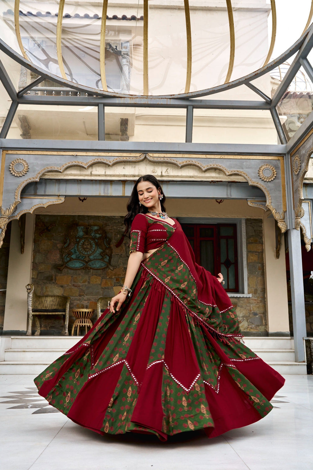 Maroon Ajrakh Printed Lehenga
