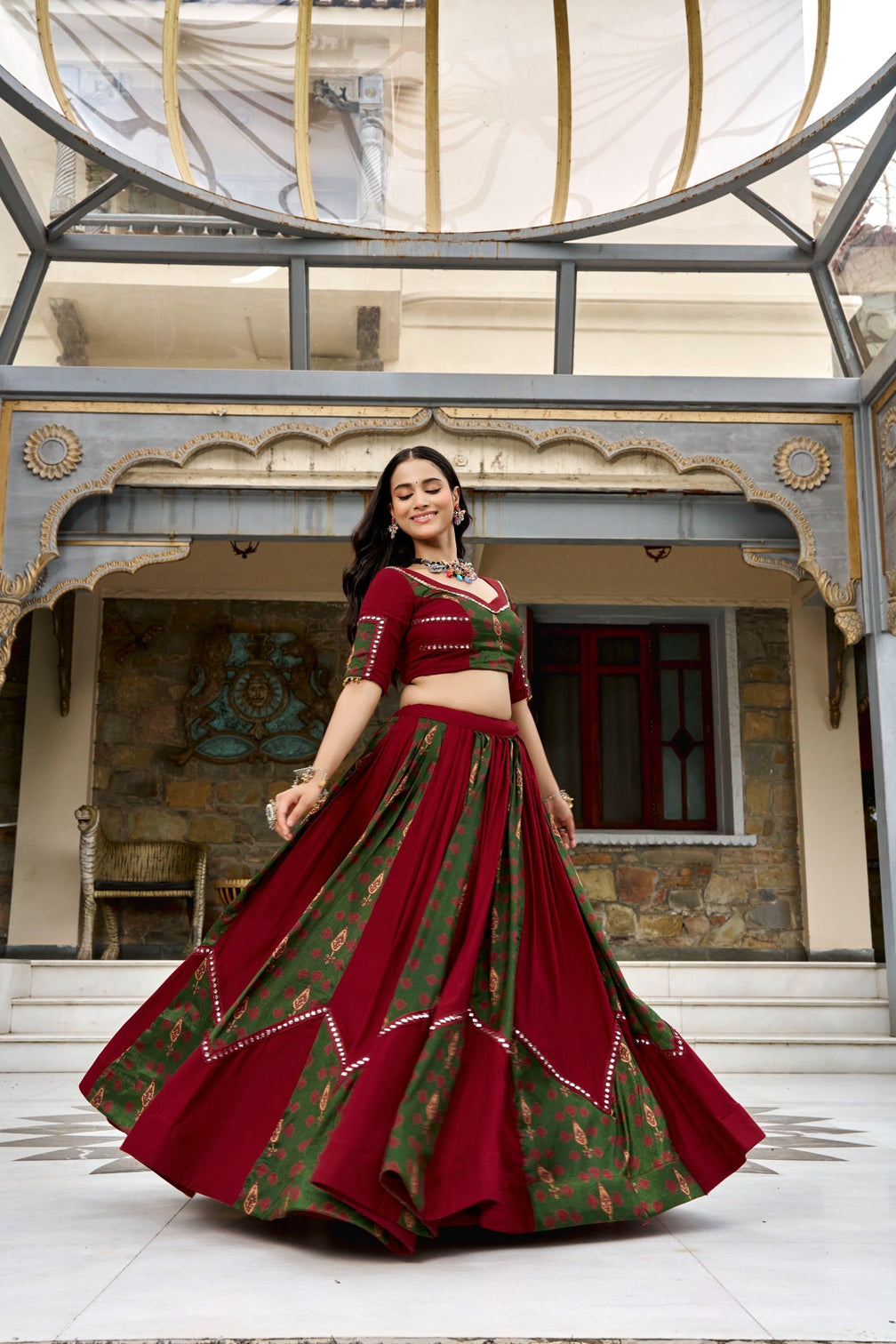 Maroon Ajrakh Printed Lehenga