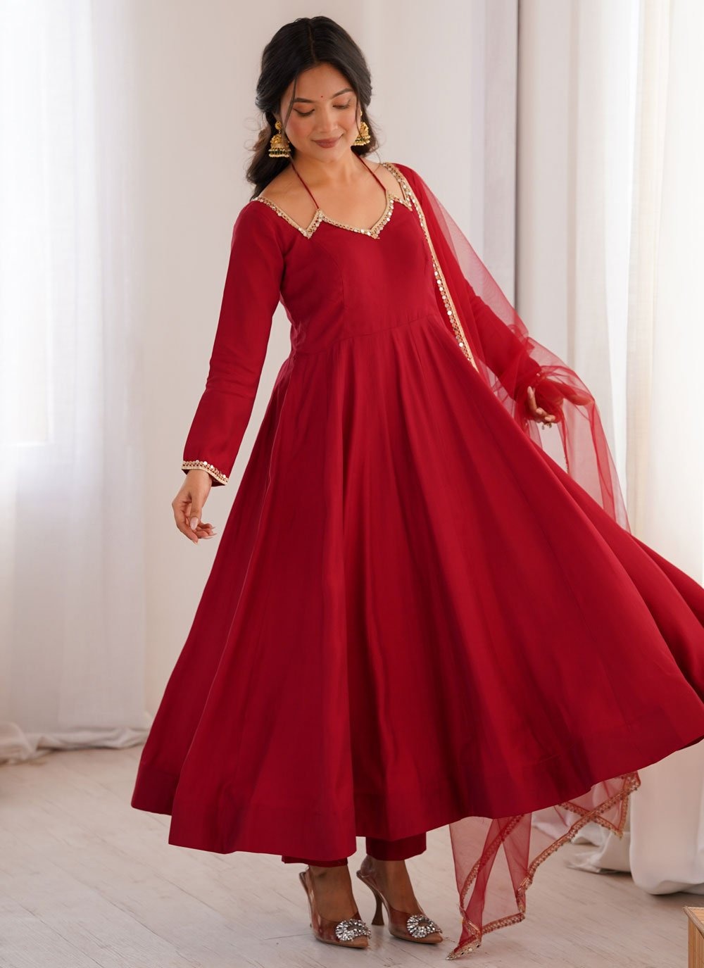 Maroon roman silk chanderi anarkali suit with net dupatta for wedding functions