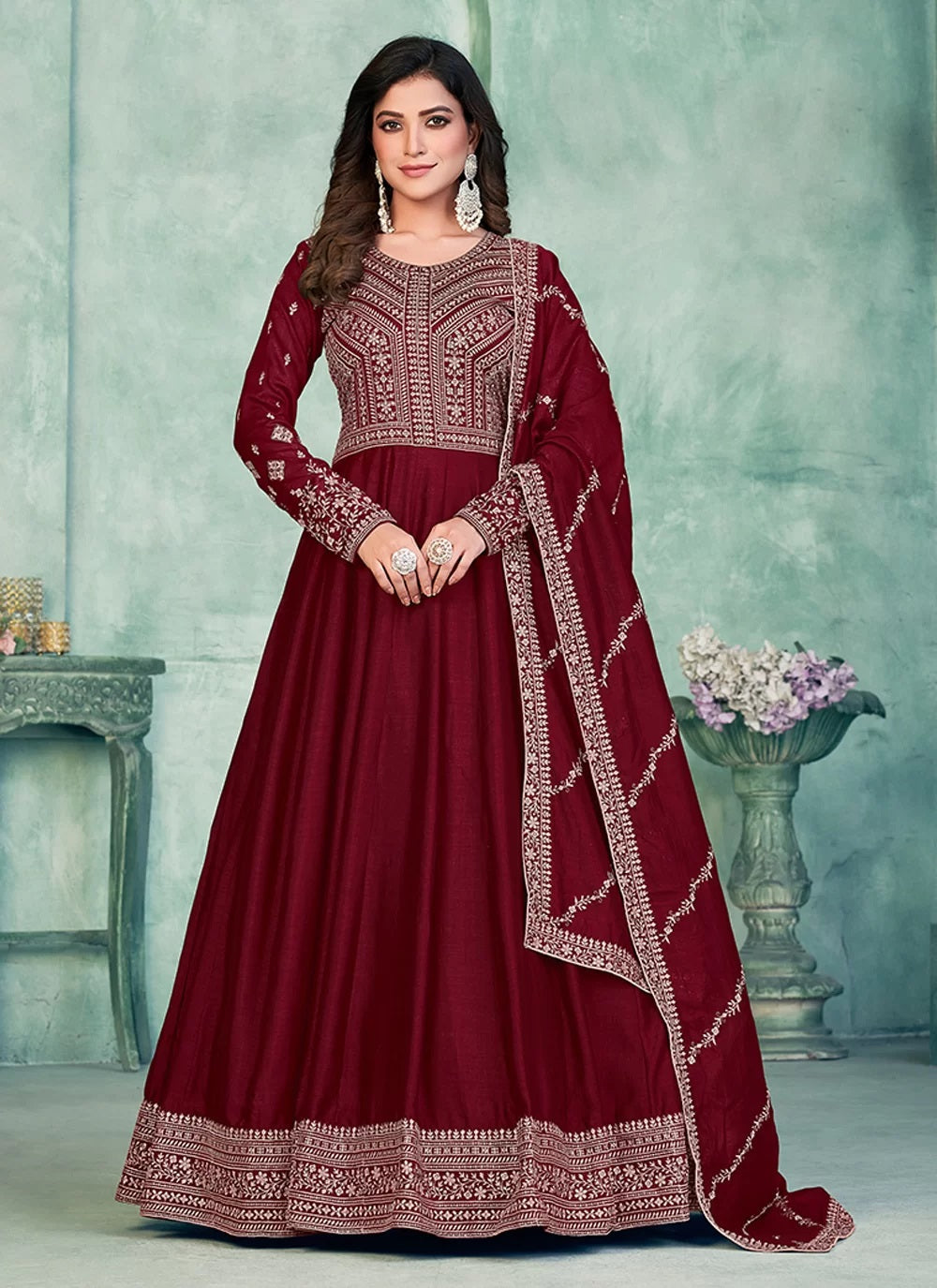 Maroon art silk embroidered anarkali dress