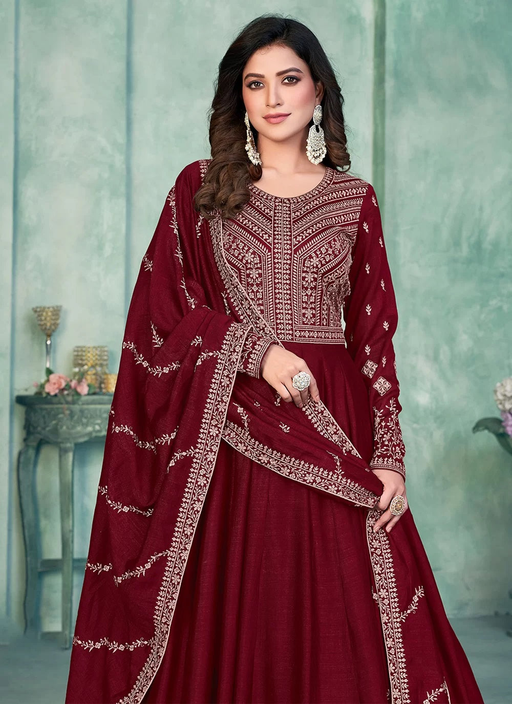 Maroon art silk embroidered anarkali dress