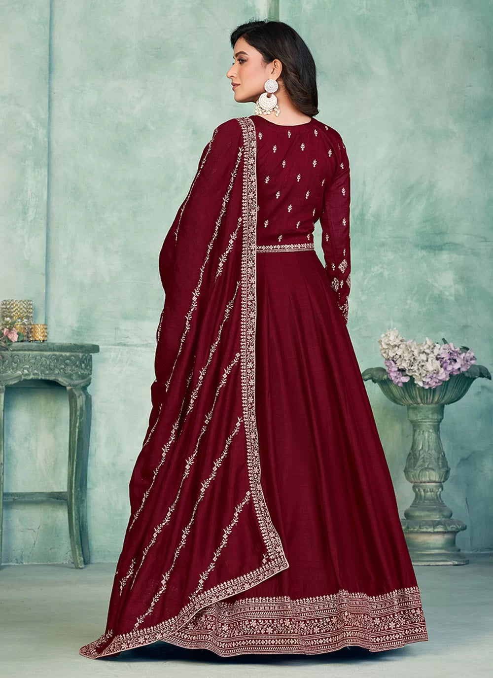 Maroon art silk embroidered anarkali dress