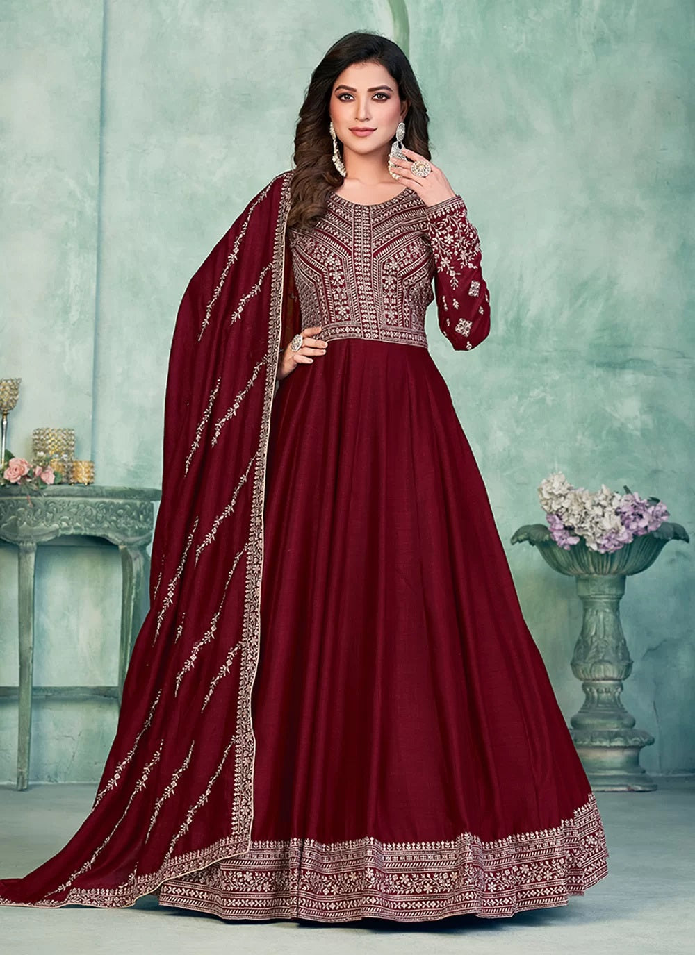 Maroon art silk embroidered anarkali dress