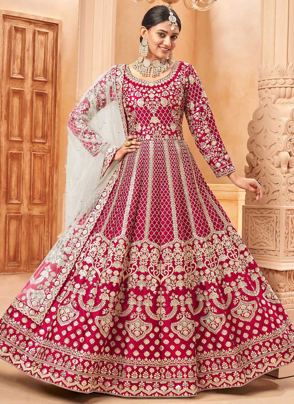 Maroon art silk heavy emboidered anarkali gown