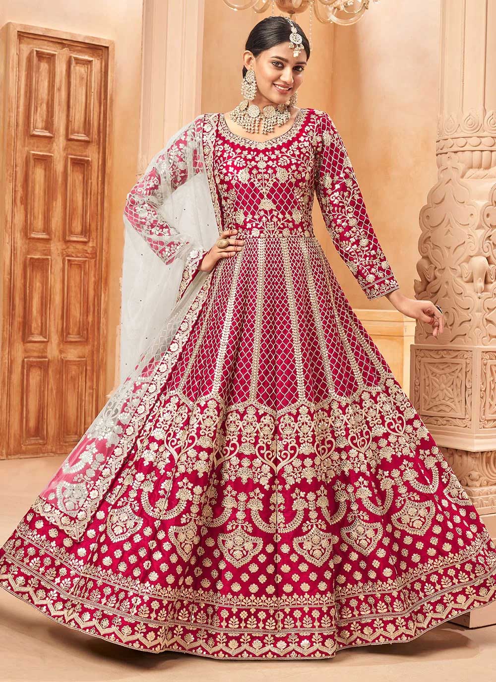 Maroon art silk heavy emboidered anarkali gown