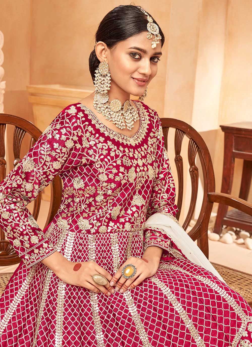 Maroon art silk heavy emboidered anarkali gown